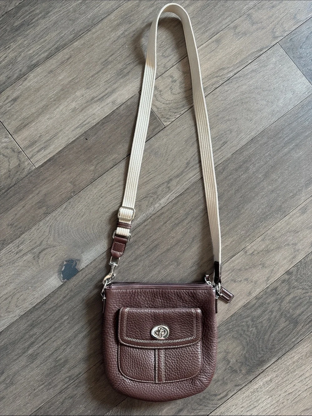 Coach Brown Pebbled Leather Messenger Crossbody with Cream Strap